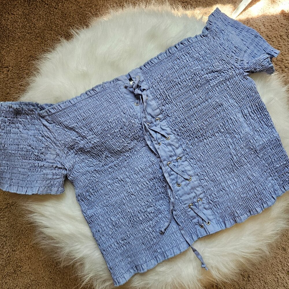 Forever 21 Ambiance Blue Lace Up Corset Stretchy Off The Shoulder Crop T…